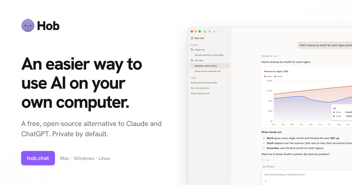 Hob social card for the open-source desktop AI coworker that runs on your own computer